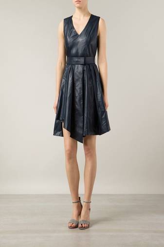 Genuine lambskin women's leather dress women black leather sleeveless v-neck mini dress with belt