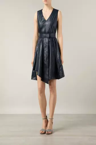 Genuine lambskin women's leather dress women black leather sleeveless v-neck mini dress with belt