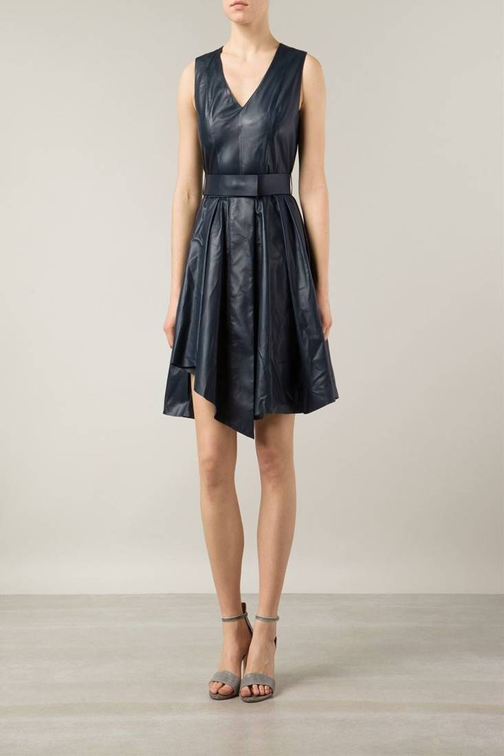 Genuine lambskin women's leather dress women black leather sleeveless v-neck mini dress with belt