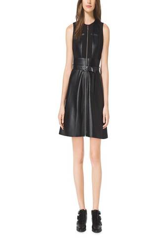 Genuine lambskin women's leather dress women black leather sleeveless front zipper dress