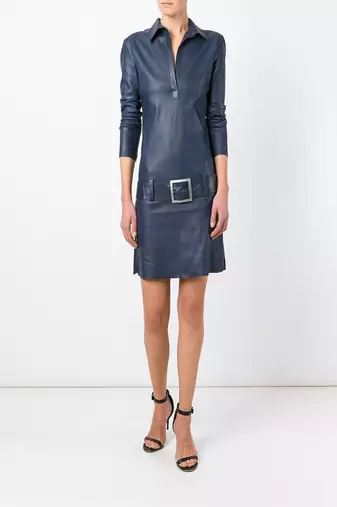 Genuine lambskin women's leather dress women blue leather long sleeve dress