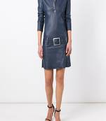 Genuine lambskin women's leather dress women blue leather long sleeve dress