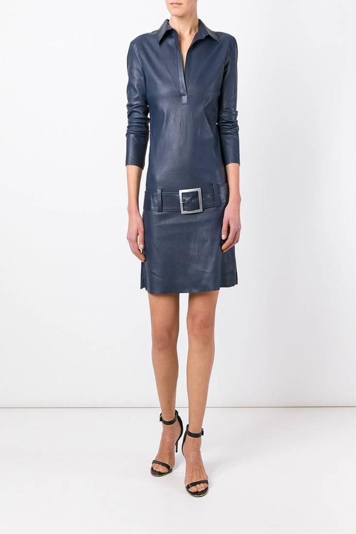 Genuine lambskin women's leather dress women blue leather long sleeve dress