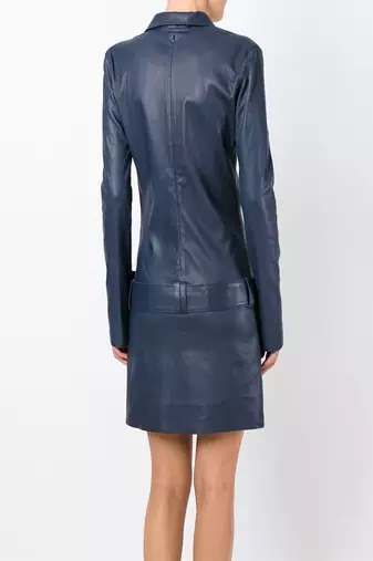 women's blue lambskin leather dress long sleeve design