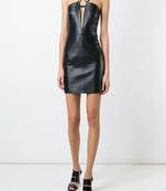 Genuine lambskin women's leather dress bodycon mini dress with strap neck design