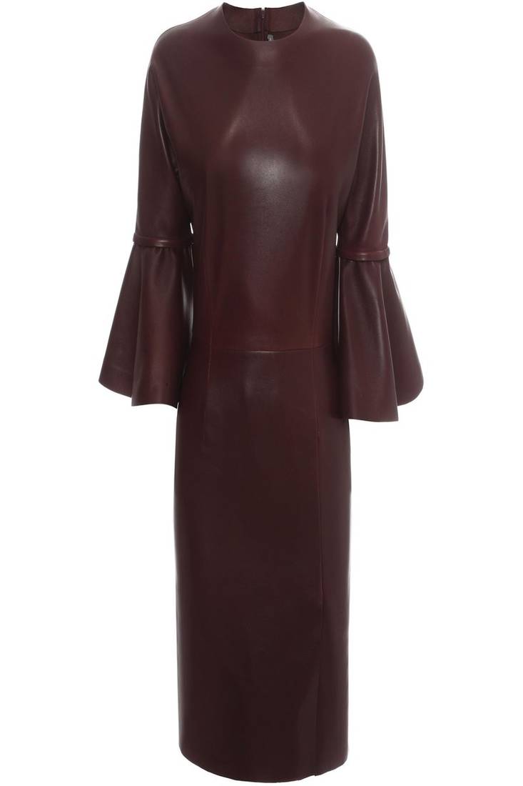 Genuine lambskin women's leather dress bodycon mini dress with bell sleeves