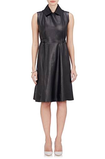 Genuine lambskin women's leather dress sleeveless a-line dress with collar