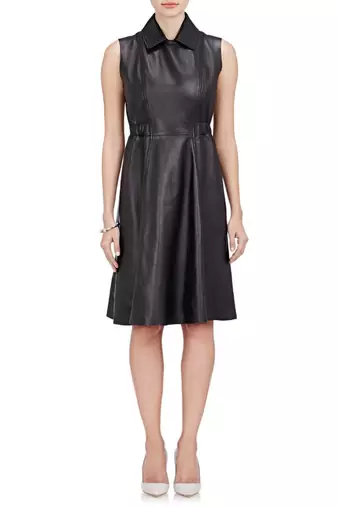 Genuine lambskin women's leather dress sleeveless a-line dress with collar