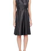 Genuine lambskin women's leather dress sleeveless a-line dress with collar