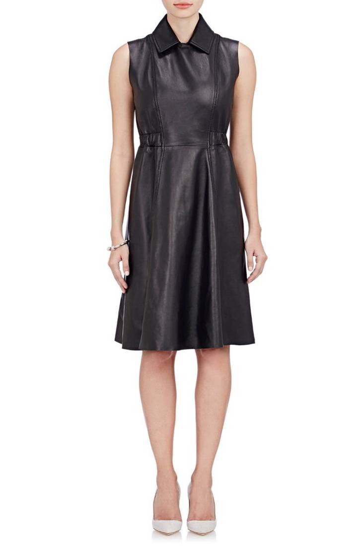 Genuine lambskin women's leather dress sleeveless a-line dress with collar
