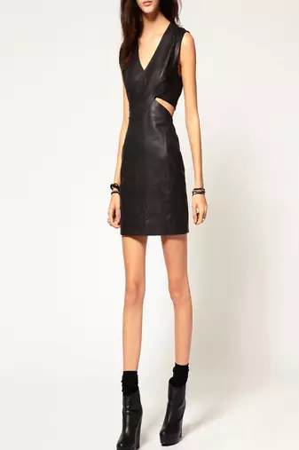 Genuine lambskin women's leather dress sleeveless black leather party dress