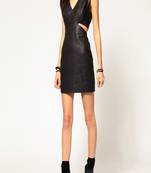 Genuine lambskin women's leather dress sleeveless black leather party dress