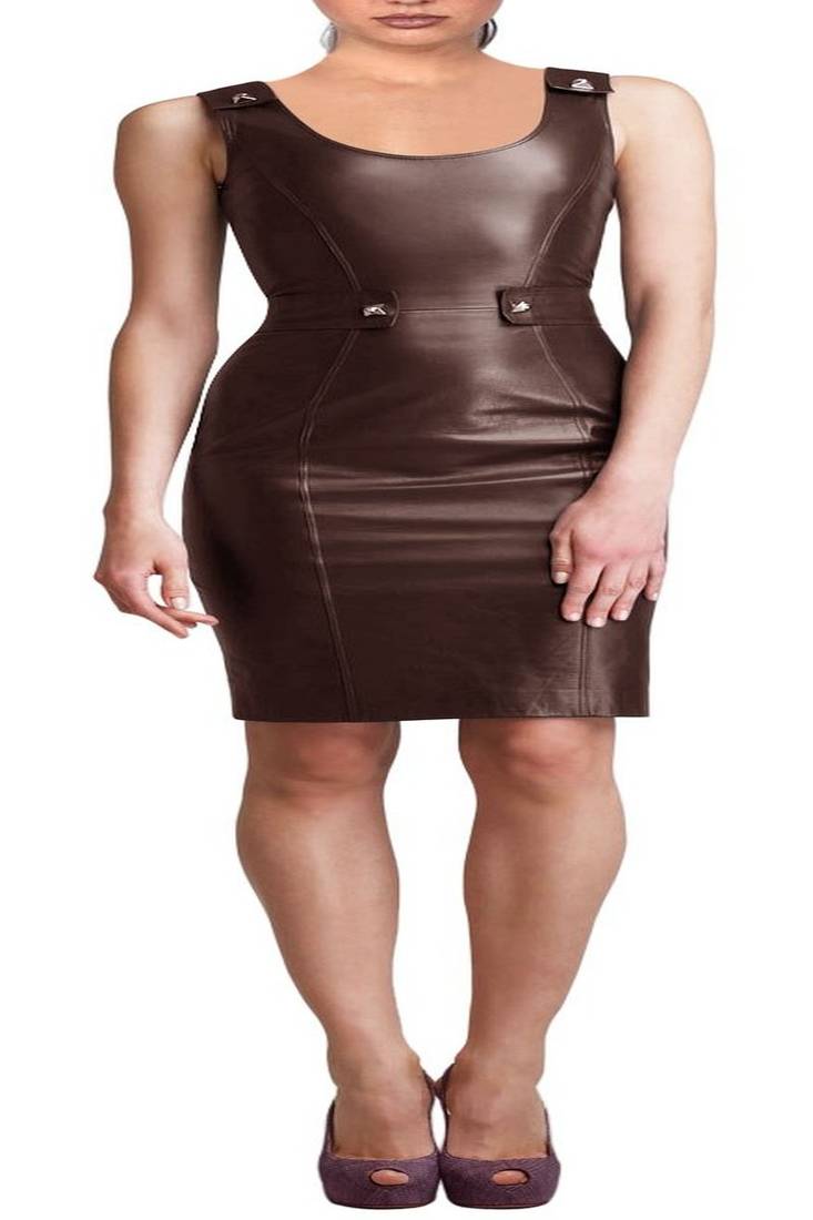Genuine lambskin women's leather dress sleeveless brown leather party dress
