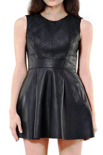 Genuine lambskin women's leather dress bodycon cocktail black leather dress