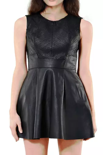 Genuine lambskin women's leather dress bodycon cocktail black leather dress
