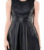 Genuine lambskin women's leather dress bodycon cocktail black leather dress