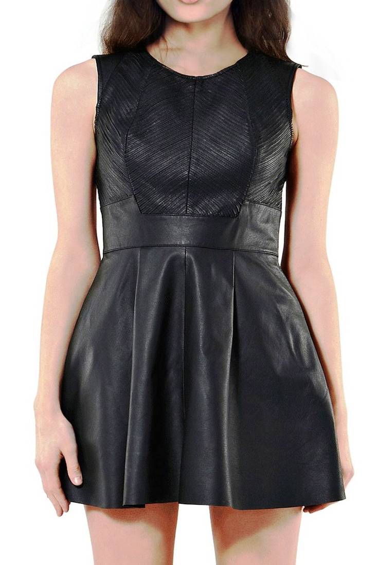 Genuine lambskin women's leather dress bodycon cocktail black leather dress