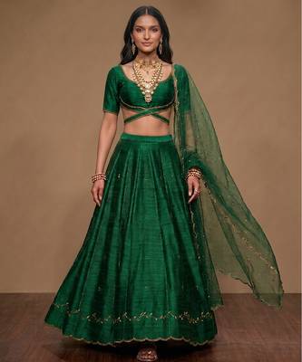 Emerald Green Embroidered Raw Silk Lehenga Set 1