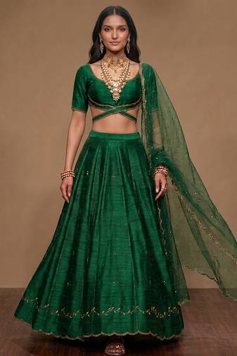 Emerald Green Embroidered Raw Silk Lehenga Set