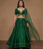 Emerald Green Embroidered Raw Silk Lehenga Set