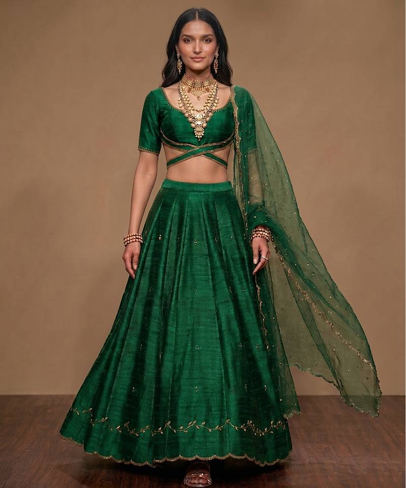 Emerald Green Embroidered Raw Silk Lehenga Set