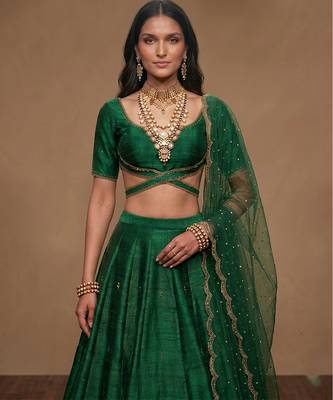 Emerald Green Embroidered Raw Silk Lehenga Set 2