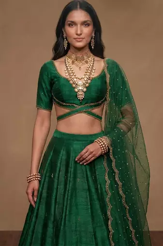 Emerald Green Embroidered Raw Silk Lehenga Set