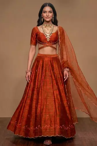 Rust Orange Embroidered Raw Silk Lehenga Set