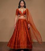 Rust Orange Embroidered Raw Silk Lehenga Set