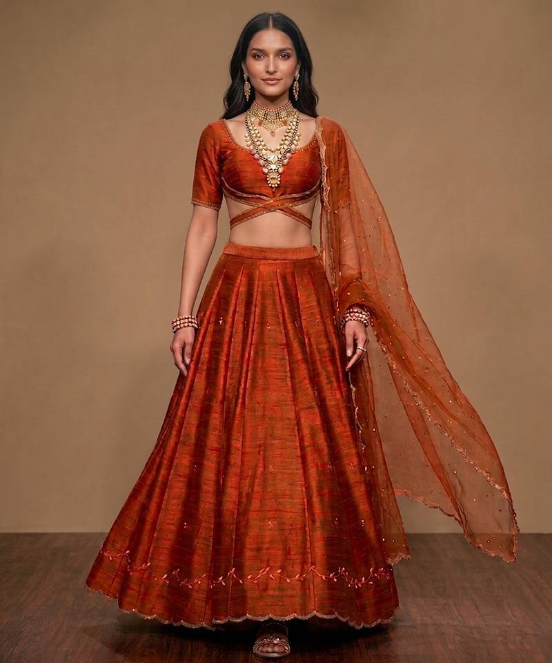 Rust Orange Embroidered Raw Silk Lehenga Set