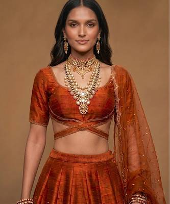 Rust Orange Embroidered Raw Silk Lehenga Set 2