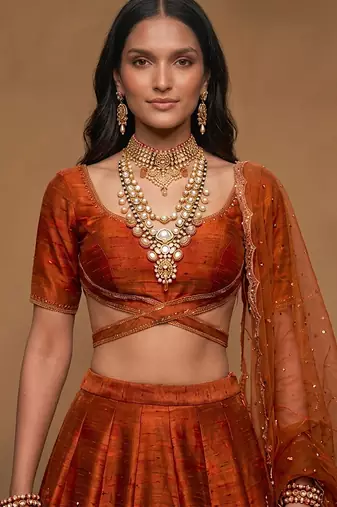 Rust Orange Embroidered Raw Silk Lehenga Set