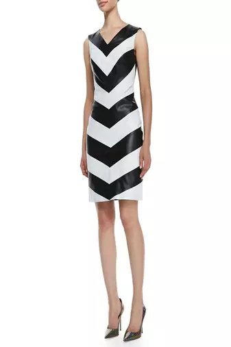 Genuine lambskin leather women black & white chevron pattern sleeveless bodycon dress