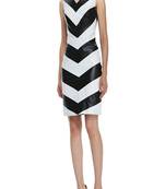Genuine lambskin leather women black & white chevron pattern sleeveless bodycon dress