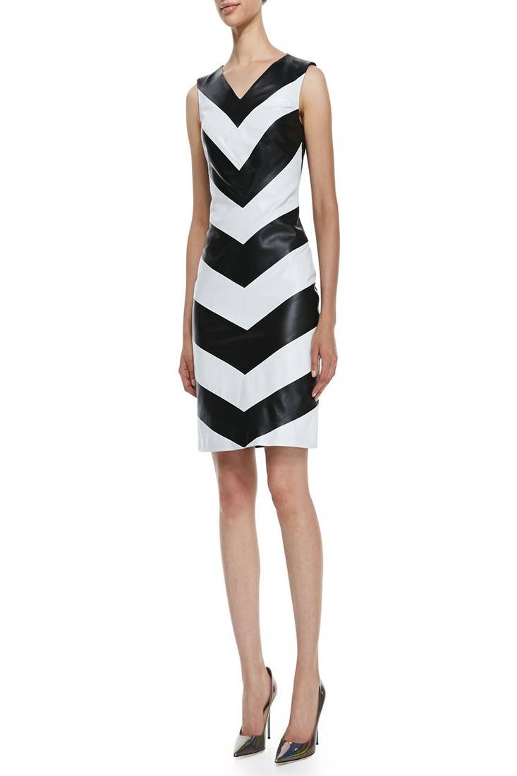 Genuine lambskin leather women black & white chevron pattern sleeveless bodycon dress