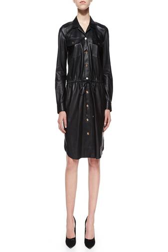 Genuine lambskin women's leather dress long sleeve button leather dress