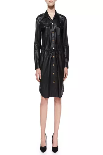 Genuine lambskin women's leather dress long sleeve button leather dress