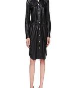 Genuine lambskin women's leather dress long sleeve button leather dress