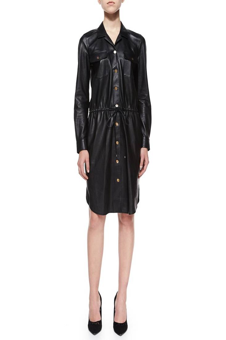 Genuine lambskin women's leather dress long sleeve button leather dress