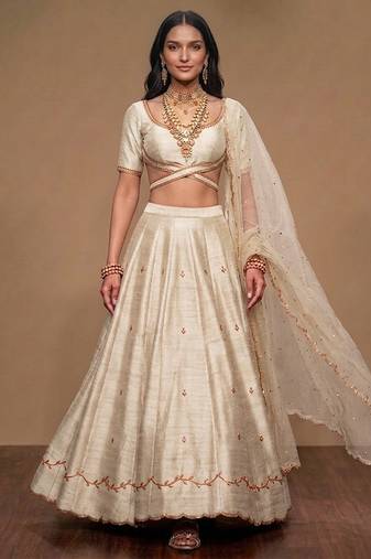 Ivory Embroidered Raw Silk Lehenga Set