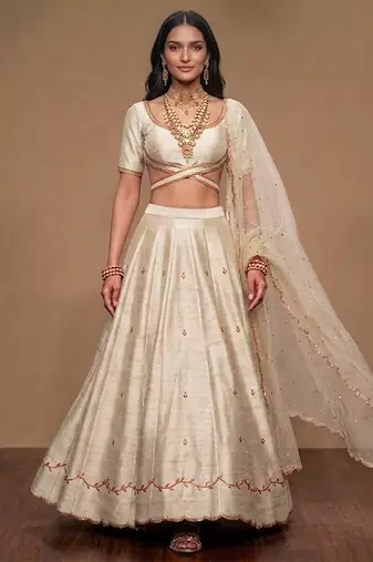 Ivory Embroidered Raw Silk Lehenga Set