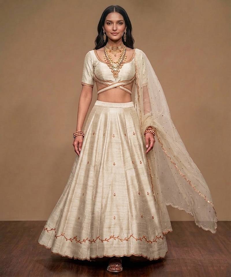 Ivory Embroidered Raw Silk Lehenga Set