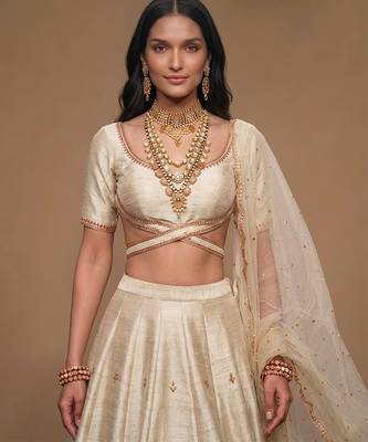 Ivory Embroidered Raw Silk Lehenga Set 2
