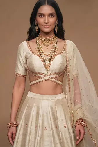Ivory Embroidered Raw Silk Lehenga Set