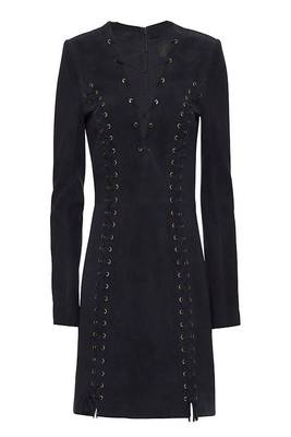 women's black suede mini leather dress long sleeve design 1