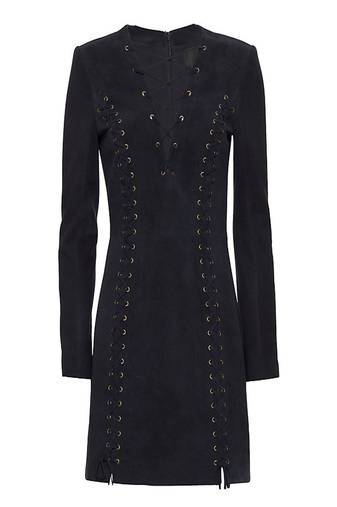 Genuine suede leather women black lace-up detail bodycon mini dress with long sleeves