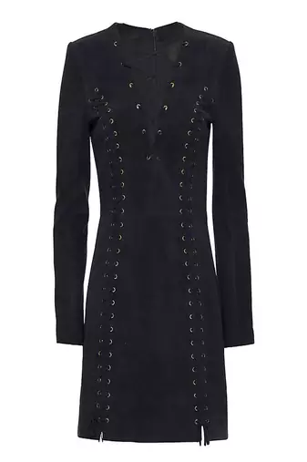 Genuine suede leather women black lace-up detail bodycon mini dress with long sleeves