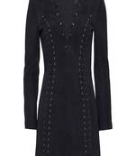 Genuine suede leather women black lace-up detail bodycon mini dress with long sleeves