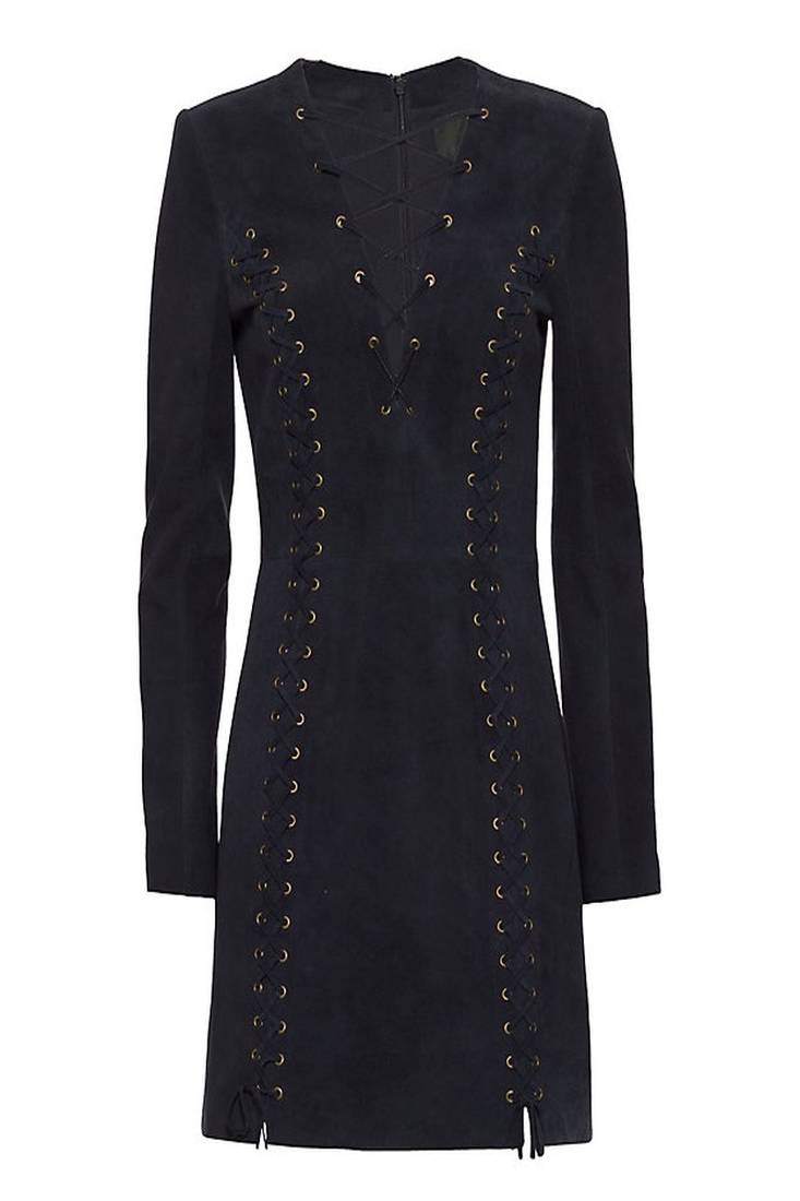 Genuine suede leather women black lace-up detail bodycon mini dress with long sleeves