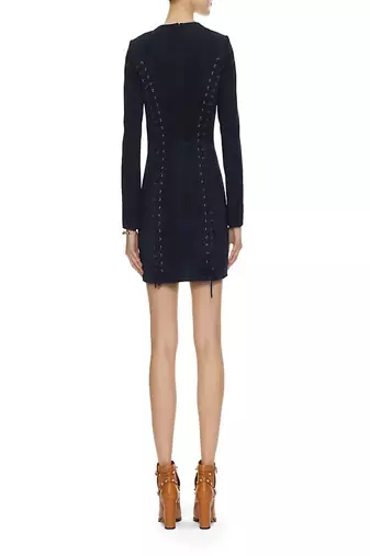 women's black suede mini leather dress long sleeve design
